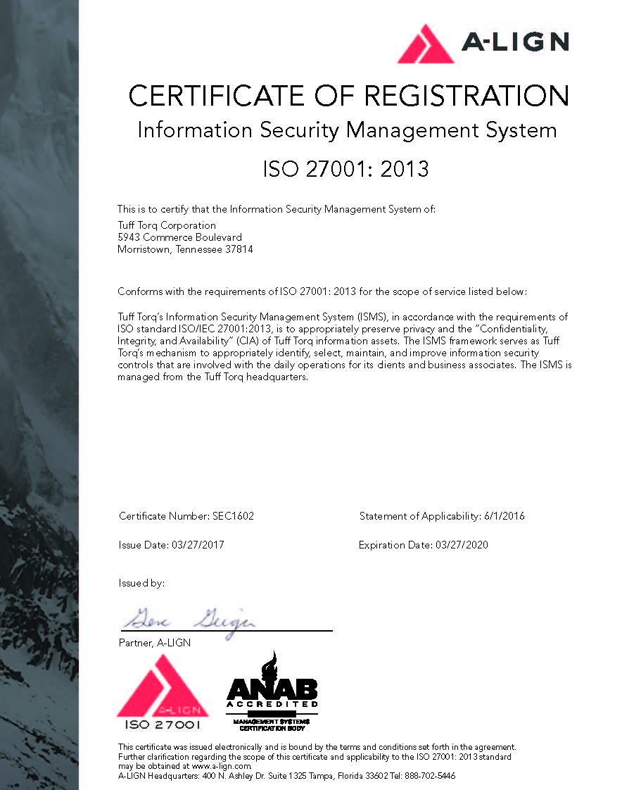Tuff Torq ISO 27001 Certificate-with signature